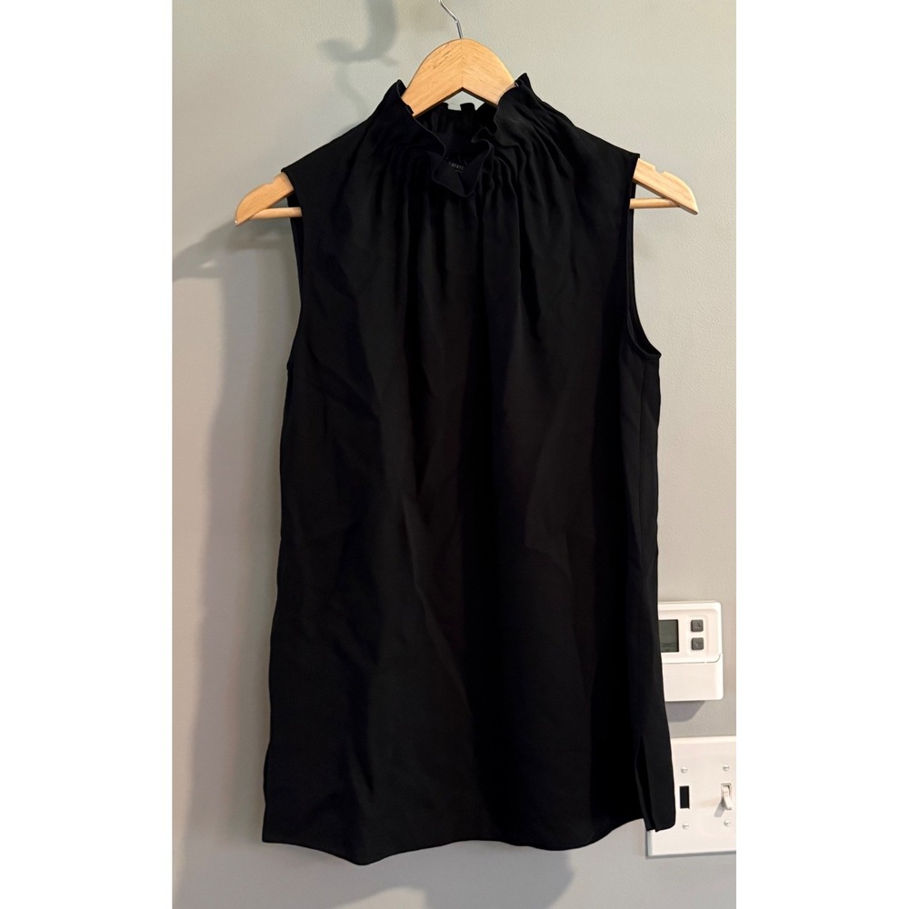 Lafayette 148 New York Silk Blouse Women Small Black Ruffle Mock Neck Sleeveless